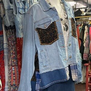 OOAK Denim jacket repurposed to fit Any Body type! Original wearable art!!